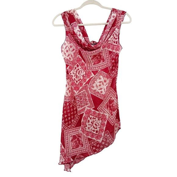 RAVE Y2K Red White Bandana Print Asymmetrical Hem Sheer Top - Picture 3 of 12